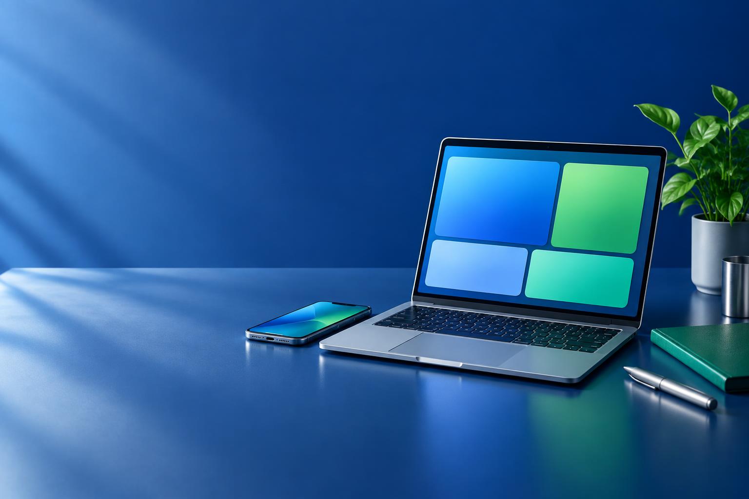 A digital storefront workspace with a laptop and phone
